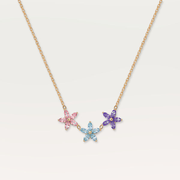 Flora bloemenketting met geboortestenen – goud, 3 bloemen