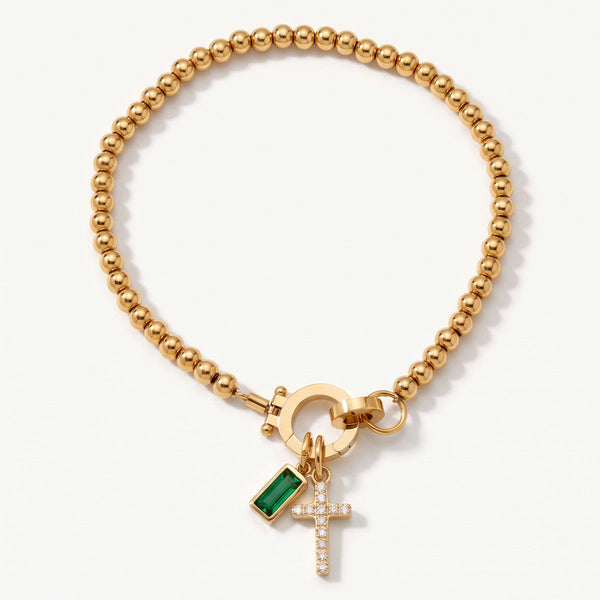 Geboortesteen Kruisje Armband – goud met smaragd (mei)
