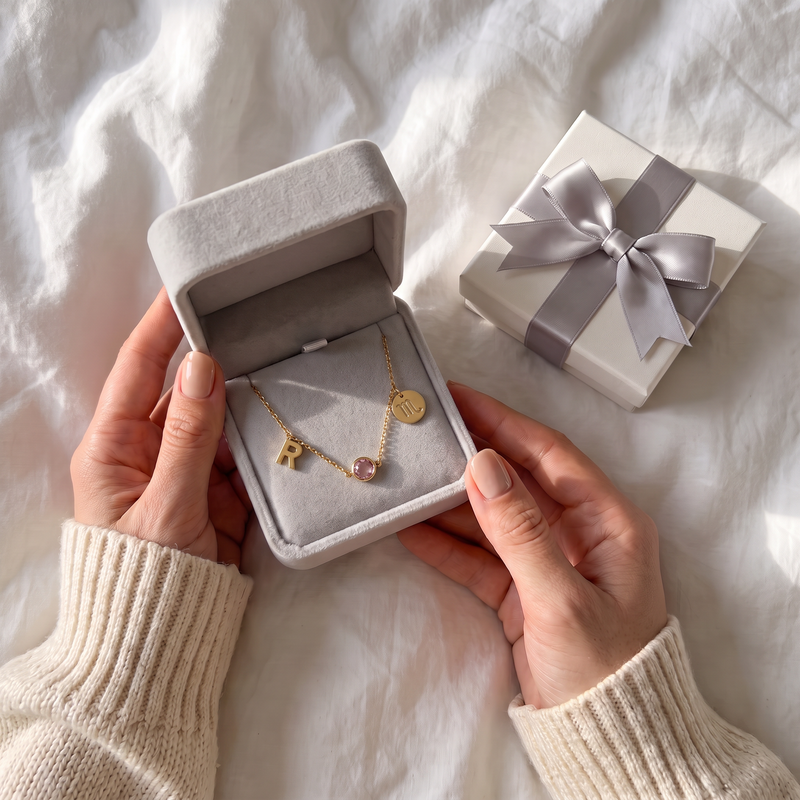Mira bedelketting in een fluwelen sieradendoos