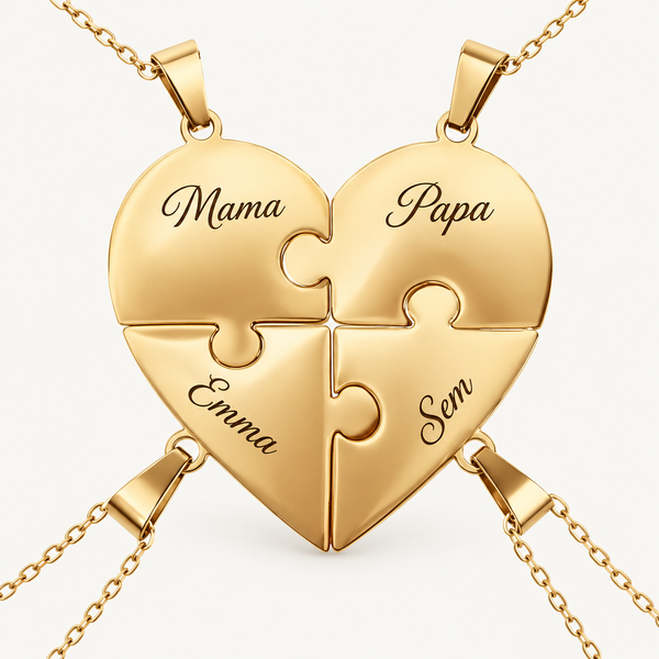 Puzzelhart Ketting met Namen — 4 stukjes, goud